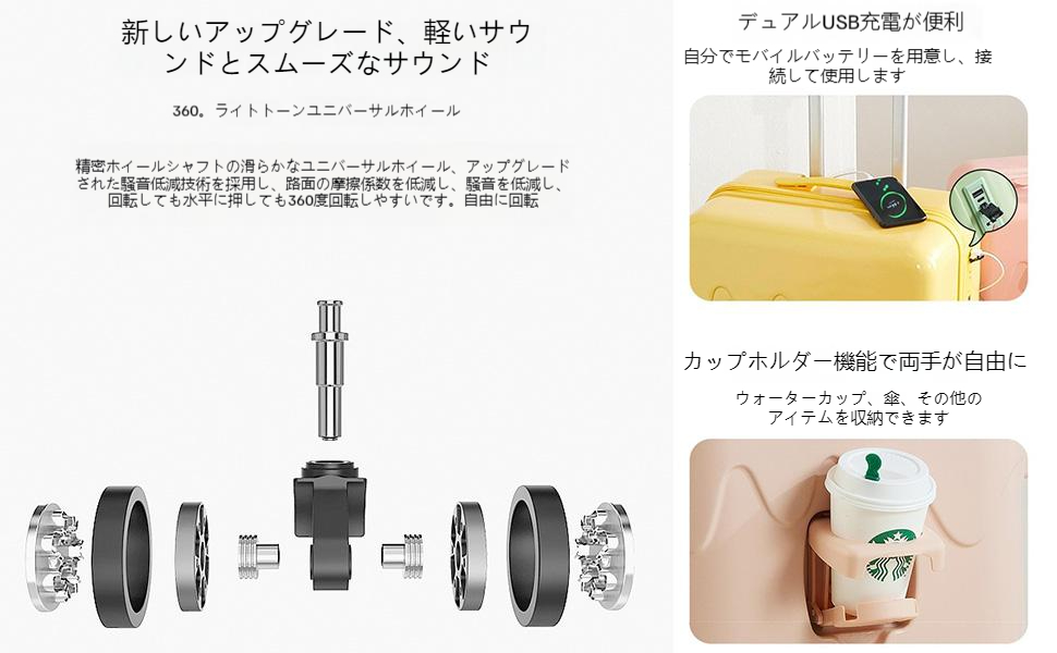  [YAYAMIYA] スーツケース キャリーバッグ キャリーケース 機内持込 超軽量 大型 充電口+カップホルダー 静音