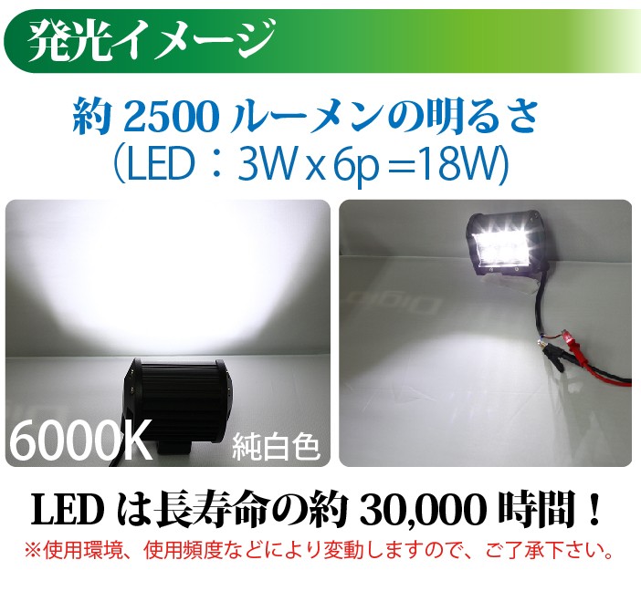 2525チップ 12V/24V 作業灯 led 18W 横型 2500LM 6000K LED作業灯 広角