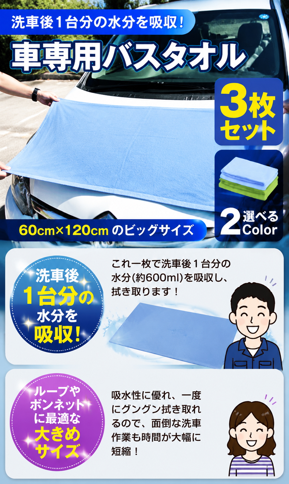 洗車タオル 超吸水 大判 3枚セット マイクロファイバー クロス
