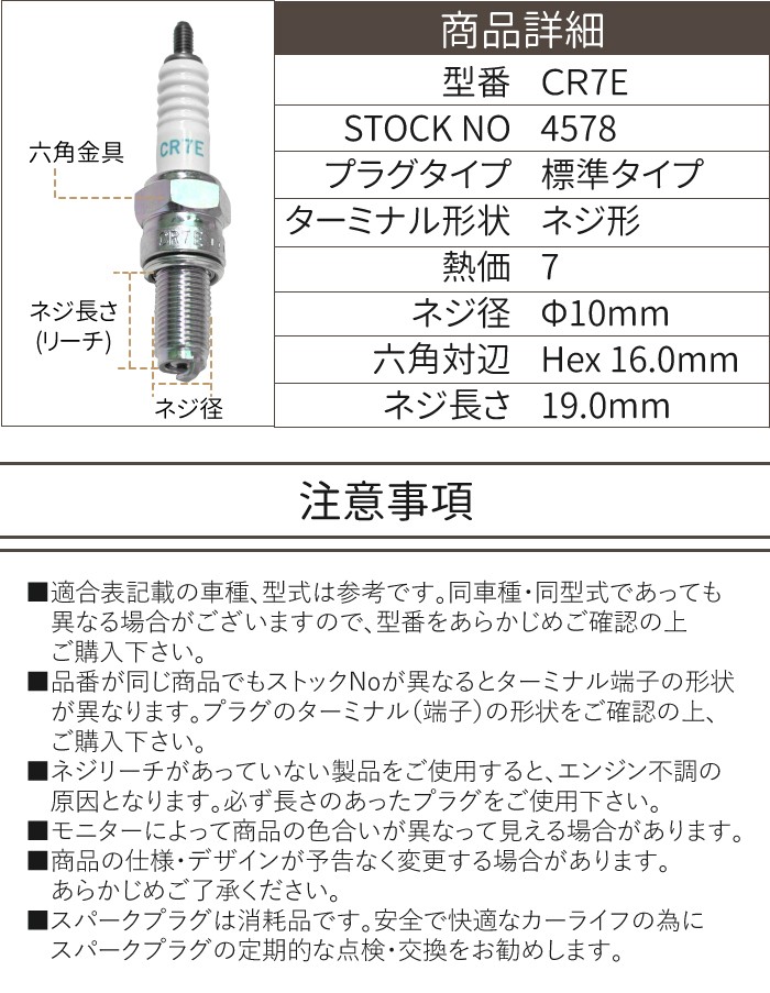 10本】NGK スパークプラグ CR7E ネジ 4578 バイク プラグ 点火プラグ ジョグ ジョグデラックス VOX マジェスティ125 バルカン  :005279a:sealovely777 - 通販 - Yahoo!ショッピング