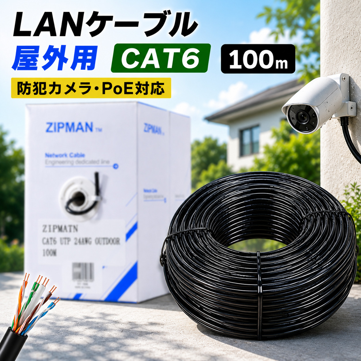 屋外用 LANケーブル 100m CAT6A 超高速 10Gbps 500MHz PoE対応 防犯