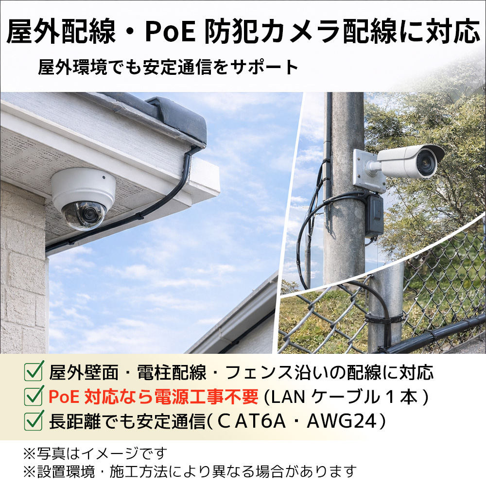 屋外用 LANケーブル 100m CAT6A 超高速 10Gbps 500MHz PoE対応 防犯
