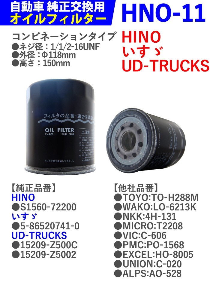 10個セット】オイルフィルター HNO-11 HINO、UD-TRUCKS、いすゞ バス