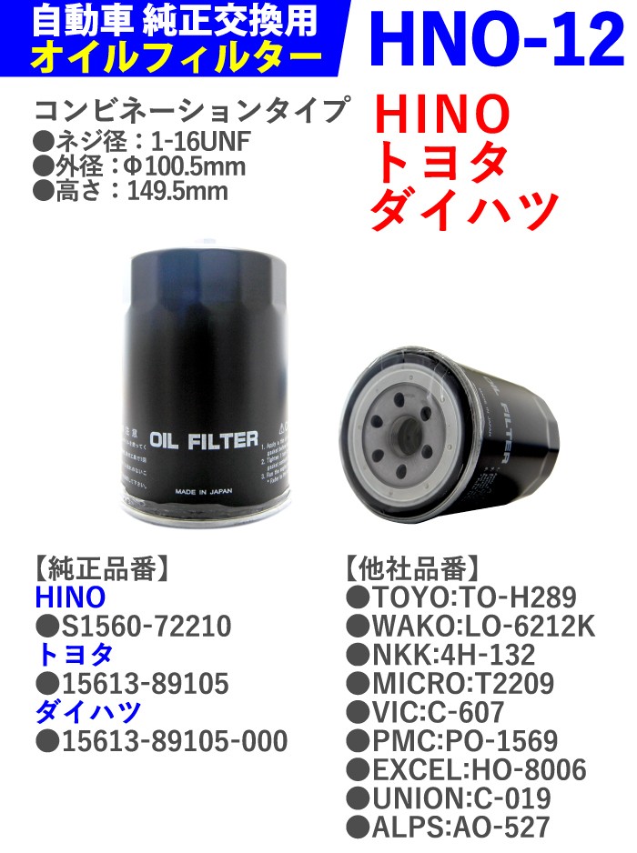 【10個セット】オイルフィルター HNO-12 HINO トヨタ、ダイハツ デュトロ バス(リエッセ) レンジャーFC クイックデリバリー コースター  ダイナ トヨエース