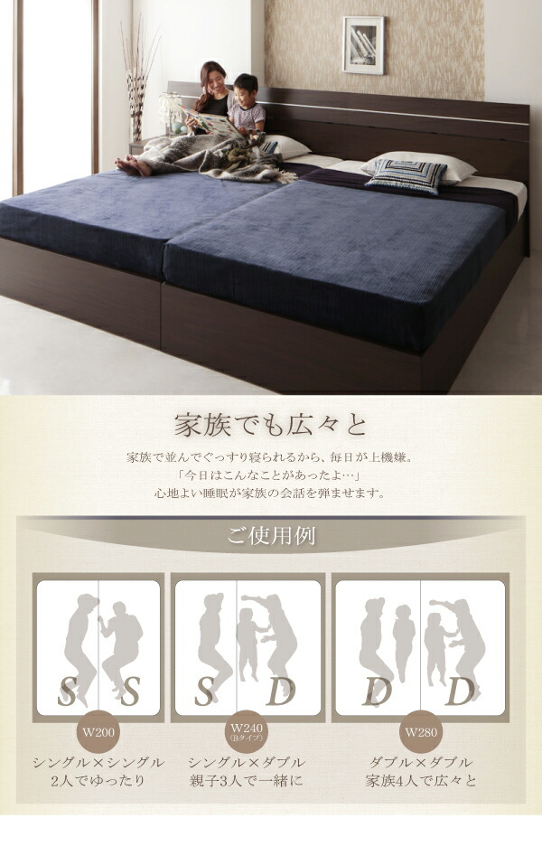 【最新入荷】 家族で寝られるホテル風モダンデザインベッド ボンネルコイルマットレス付き ワイドK200