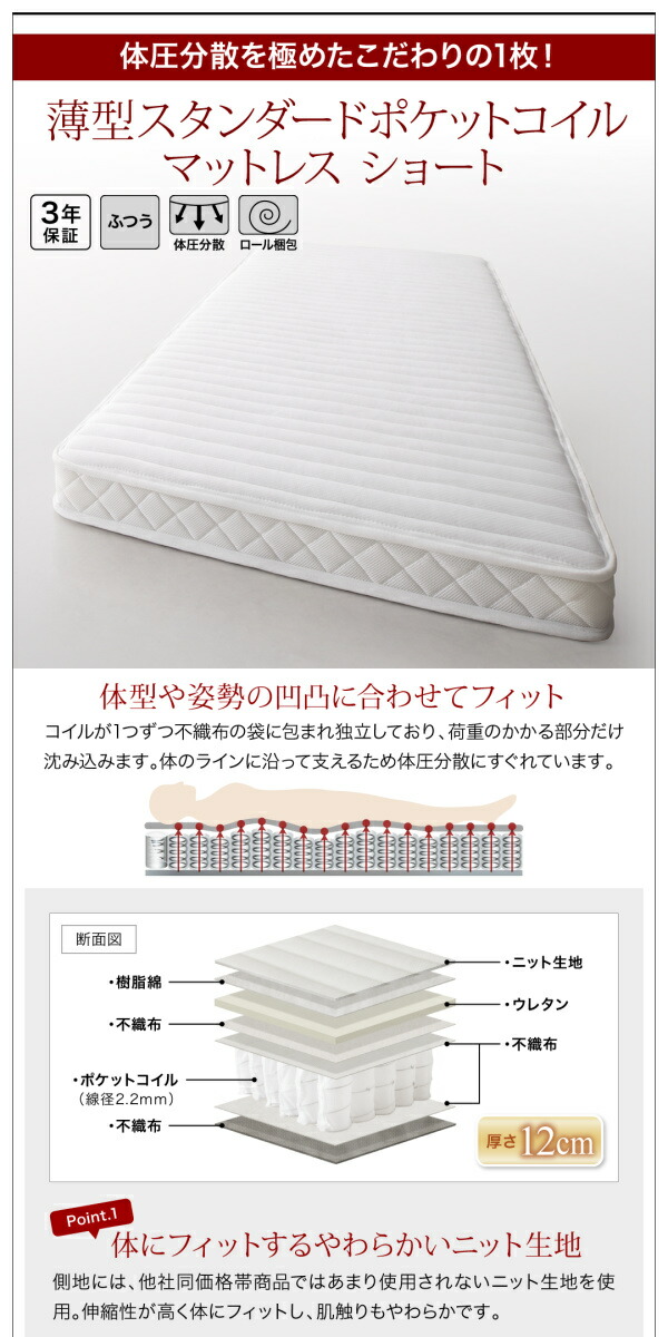 小さな部屋に合うショート丈収納ベッド 薄型抗菌国産ポケットコイル