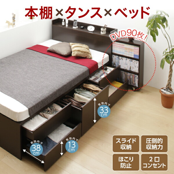 日本限定モデル ベッド 収納付きベッド マットレス付き 収納 収納付 収納ベッド コンセント付 大容量 プレミアムボンネルコイルマットレス付 チェスト収納 セミシングル