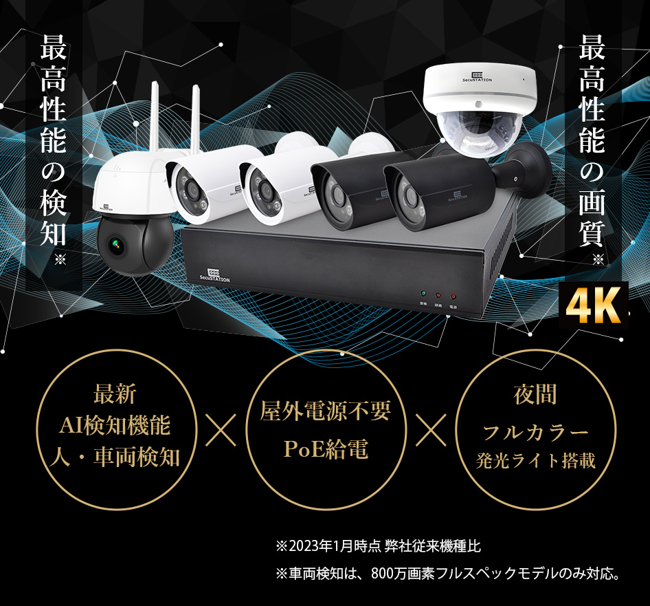 防犯カメラ 屋外 電源不要 セット 4K 800万画素 PoE AI検知 監視カメラ