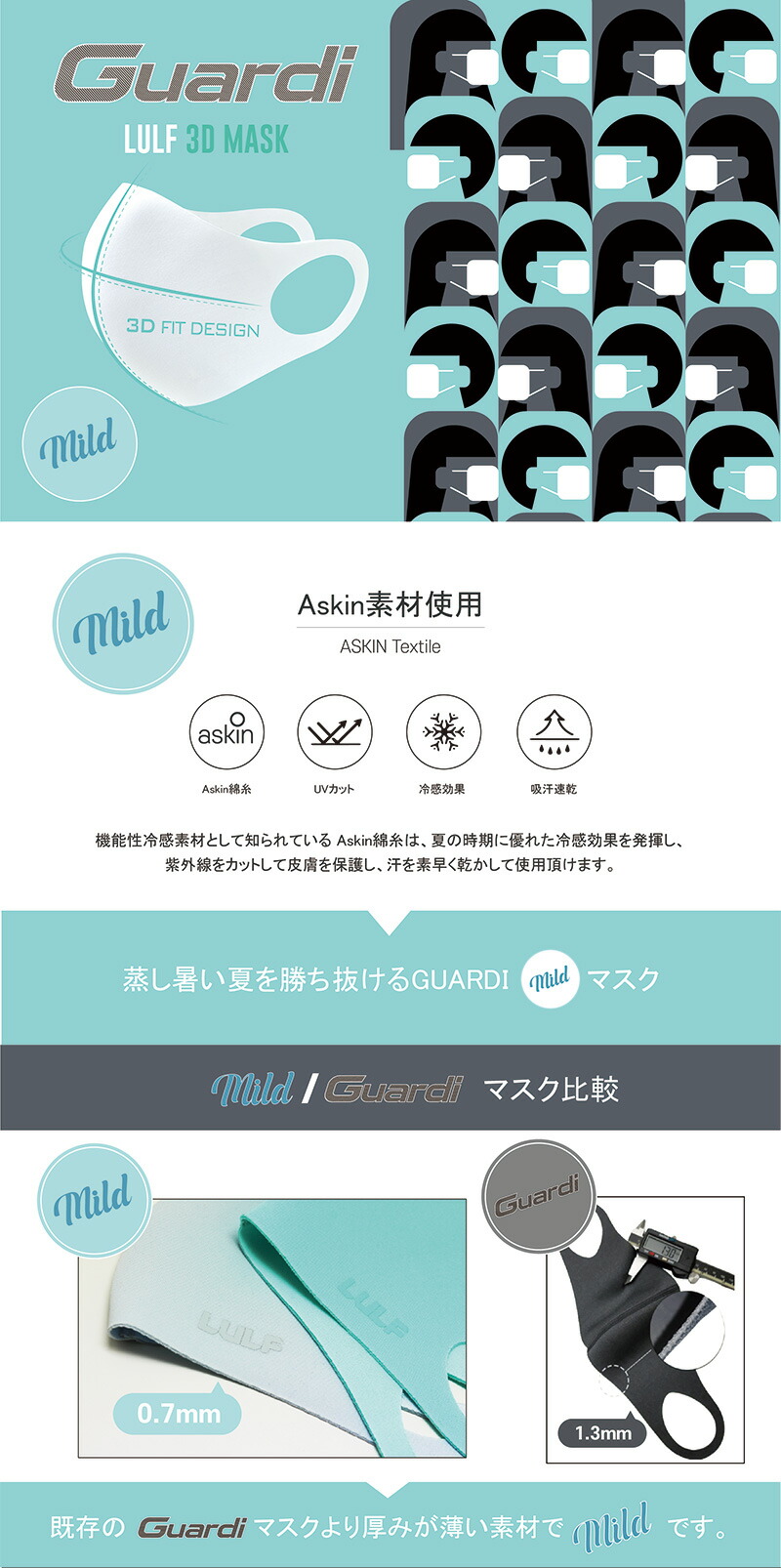 1枚 LULF Guardi 3D COOL MASK 3色 ＆ 5サイズ 洗えるマスク 3D