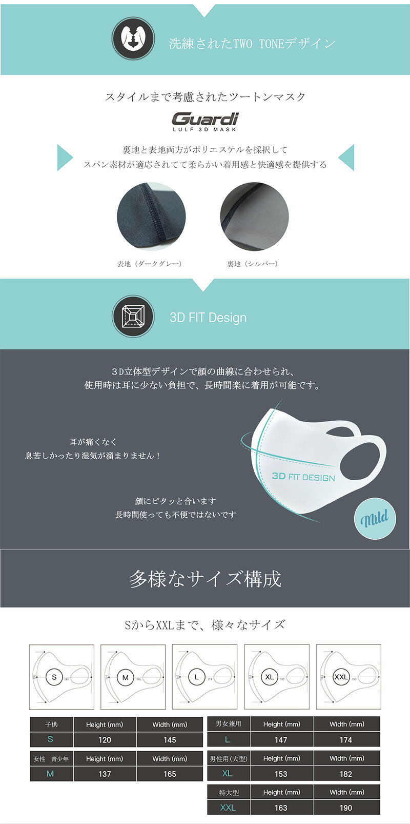 1枚 LULF Guardi 3D COOL MASK 3色 ＆ 5サイズ 洗えるマスク 3D