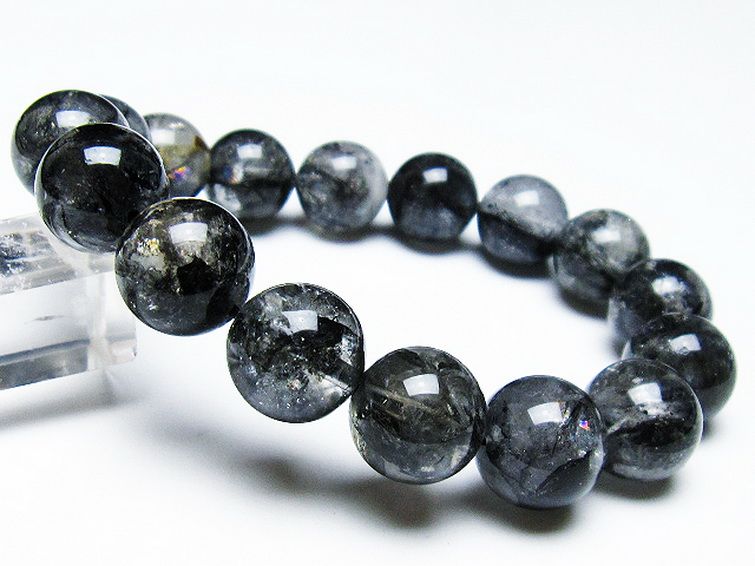 ブラックエレスチャルクォーツ 骸骨水晶 ブレスレット 14mm [t124-4814] 1枚目