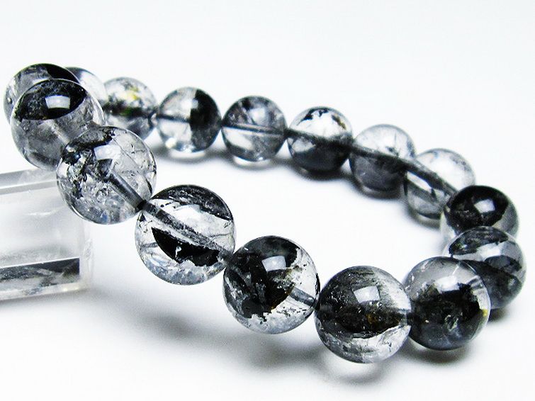 ブラックエレスチャルクォーツ 骸骨水晶 ブレスレット 14mm [t124-4829] 1枚目