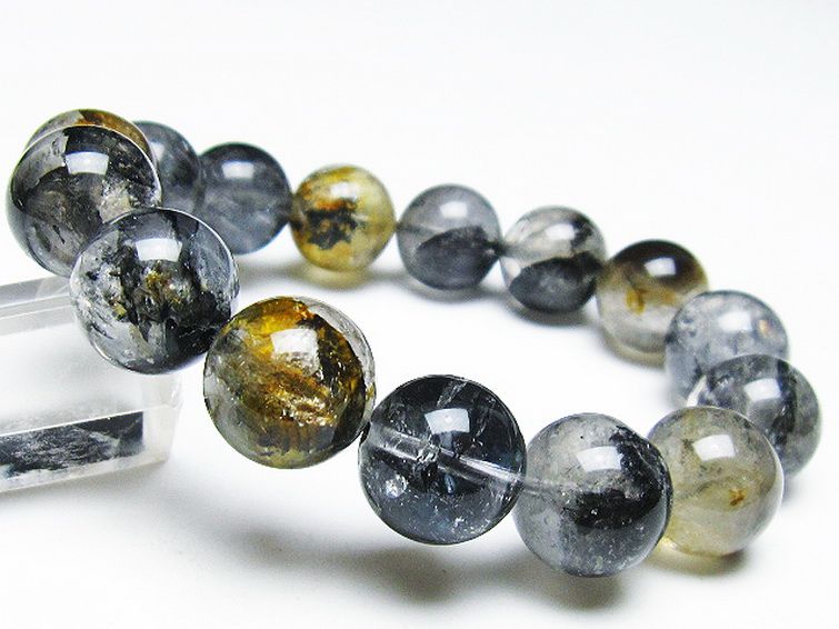 ブラックエレスチャルクォーツ 骸骨水晶 ブレスレット 14mm [T124-4894] 1枚目