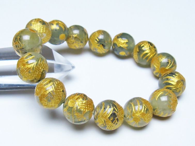 トルマリンルチルプレナイト 手彫り 龍 ブレスレット 14mm [t440-1537] 1枚目