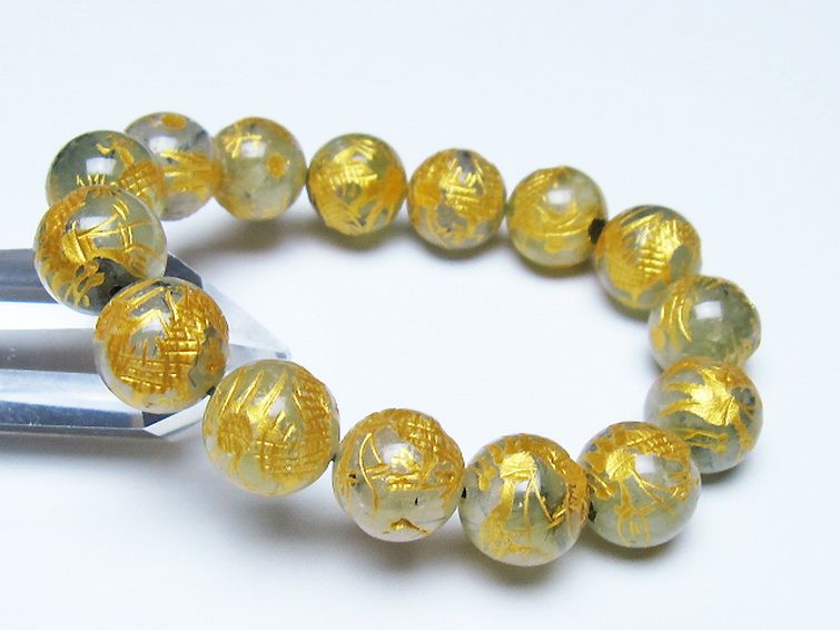 トルマリンルチルプレナイト 手彫り 龍 ブレスレット 14mm [t440-1538] 1枚目