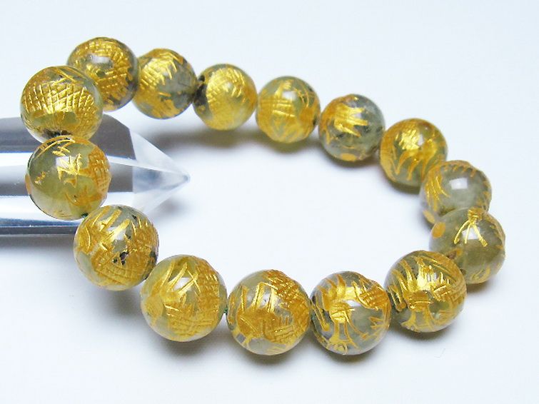 トルマリンルチルプレナイト 手彫り 龍 ブレスレット 14mm [t440-1539] 1枚目