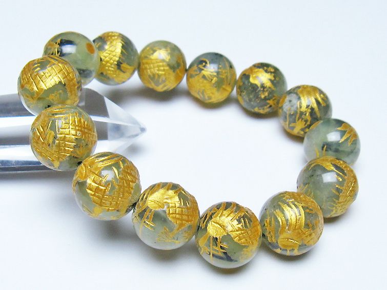 トルマリンルチルプレナイト 手彫り 龍 ブレスレット 16mm [t440-1541] 1枚目