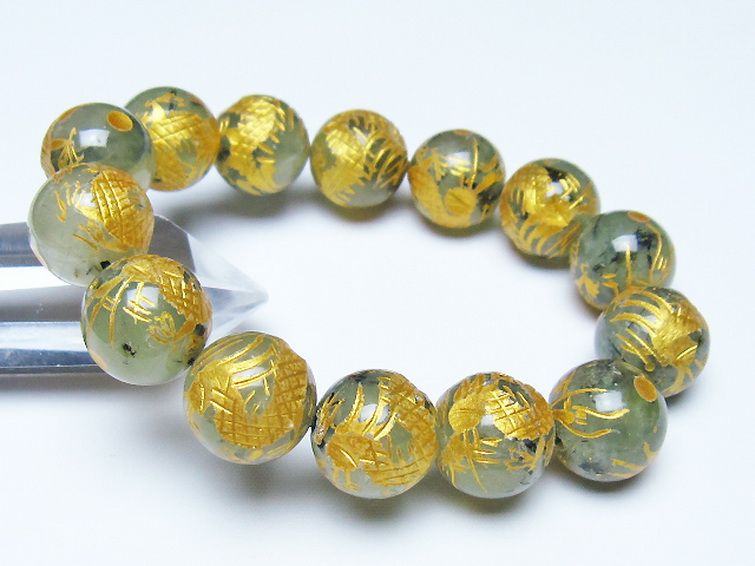 トルマリンルチルプレナイト 手彫り 龍 ブレスレット 16mm [t440-1542] 1枚目