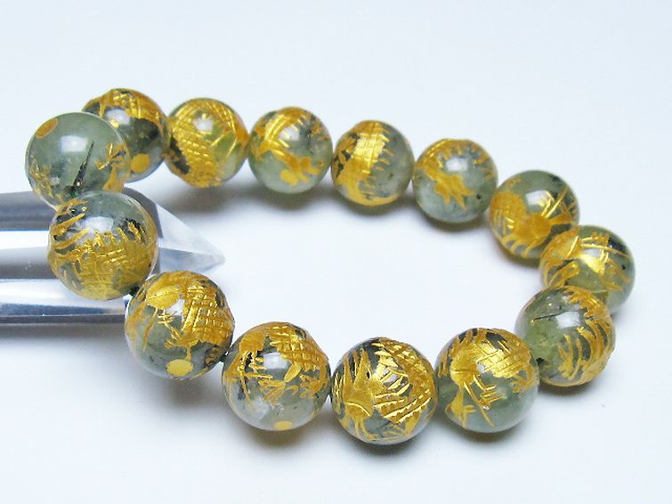 トルマリンルチルプレナイト 手彫り 龍 ブレスレット 16mm [t440-1544] 1枚目