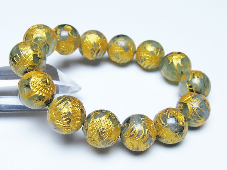 トルマリンルチルプレナイト 手彫り 龍 ブレスレット 16mm [t440-1545] 1枚目