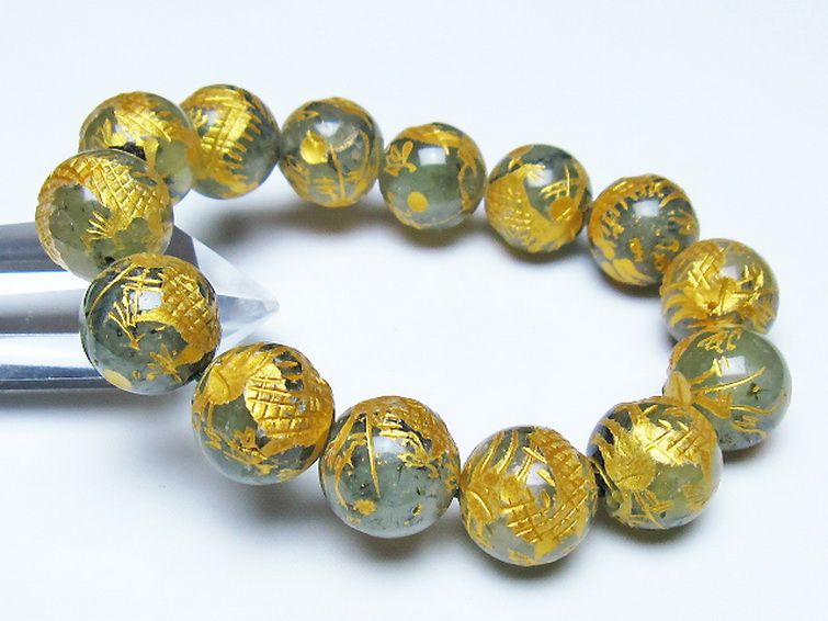 トルマリンルチルプレナイト 手彫り 龍 ブレスレット 16mm [t440-1547] 1枚目