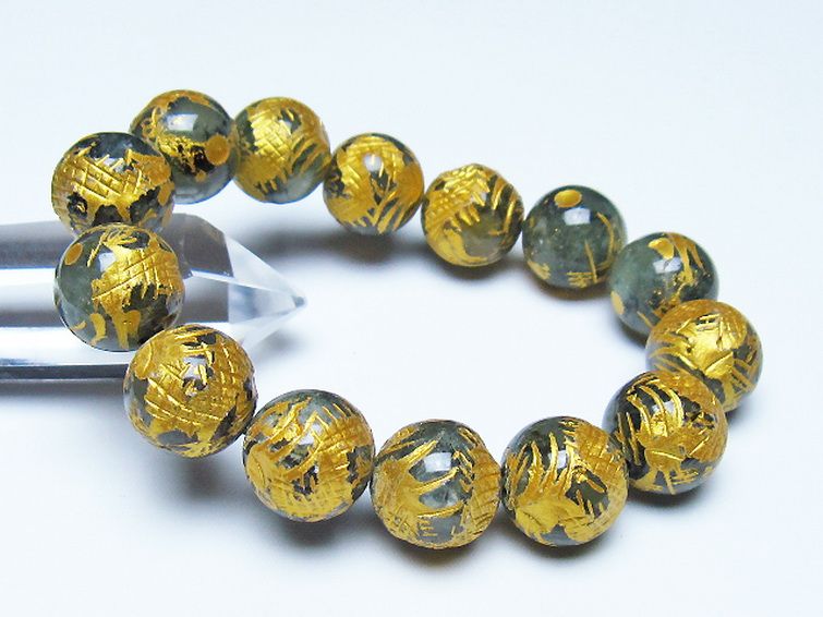 トルマリンルチルプレナイト 手彫り 龍 ブレスレット 16mm [t440-1549] 1枚目