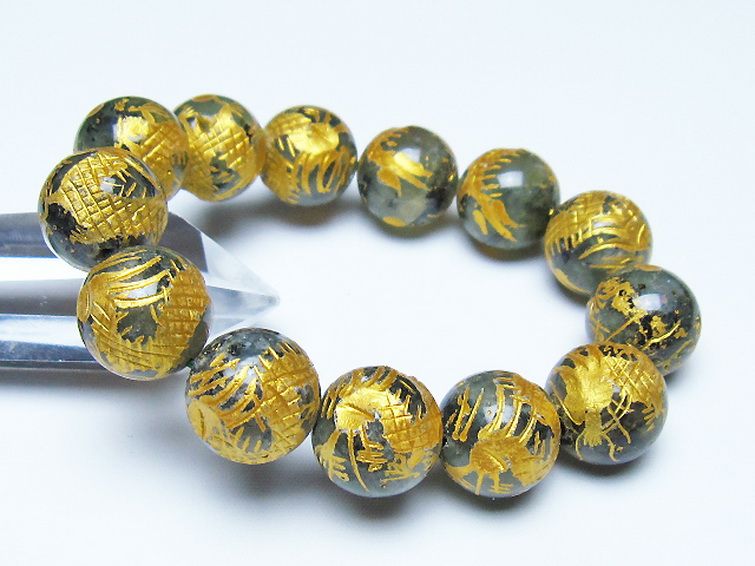 トルマリンルチルプレナイト 手彫り 龍 ブレスレット 16mm [t440-1552] 1枚目