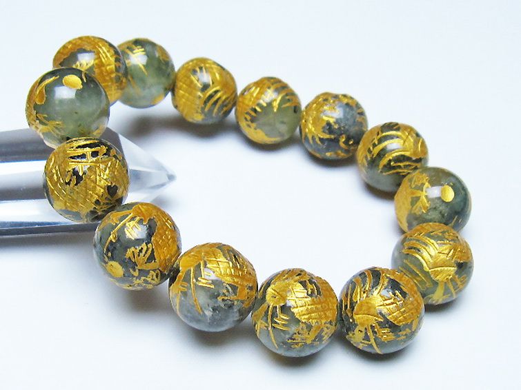 トルマリンルチルプレナイト 手彫り 龍 ブレスレット 16mm [t440-1553] 1枚目