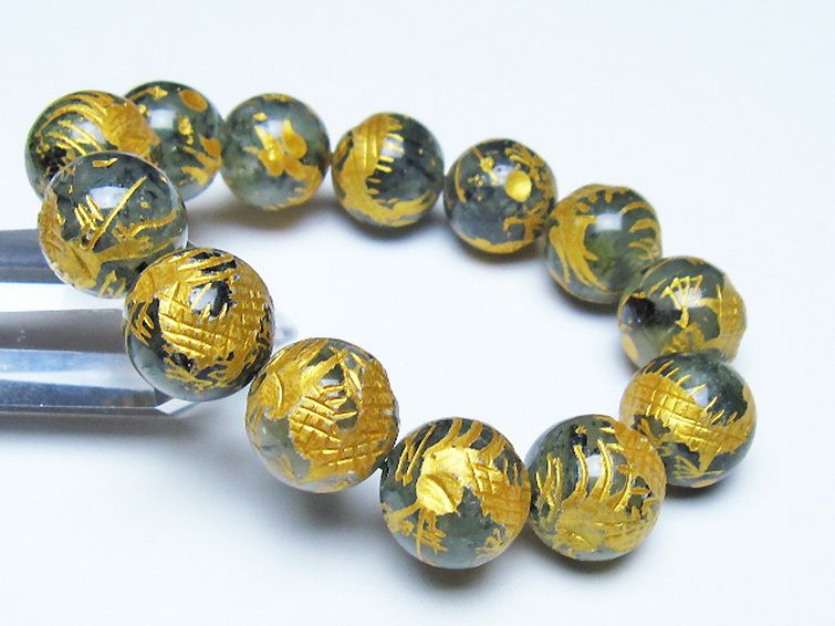 トルマリンルチルプレナイト 手彫り 龍 ブレスレット 16mm [t440-1554] 1枚目