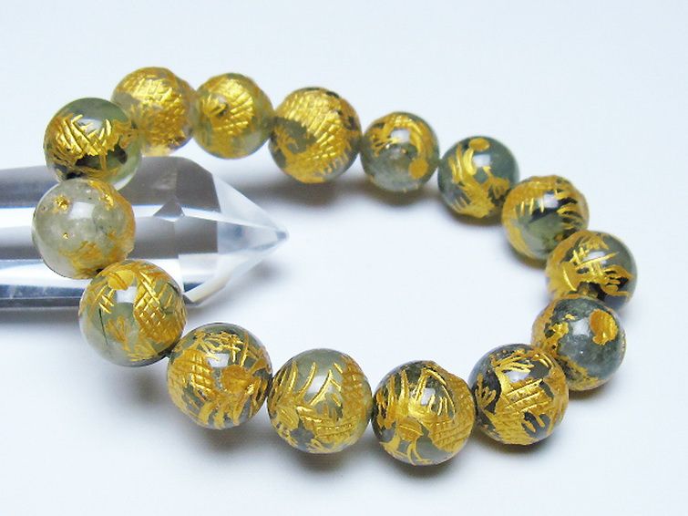 トルマリンルチルプレナイト 手彫り 龍 ブレスレット 14mm [t440-1558] 1枚目