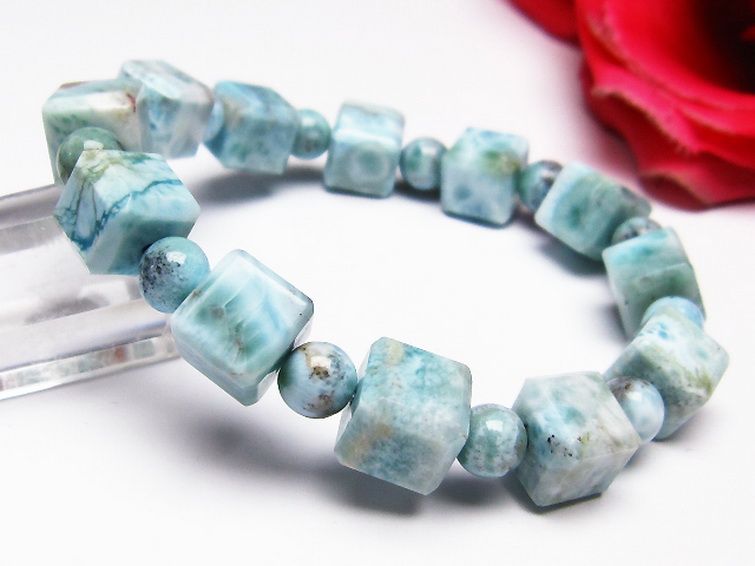 ラリマー キューブ+ラウンドビーズ ブレスレット 7mm [T7-20917] 1枚目