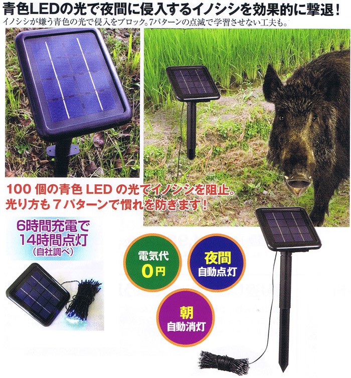 ソーラー利用で電気代0円。青色LEDのランダム発光で猪害獣が寄り付かない》タイショー産業 猪害獣忌避装置LED通せんぼBIG  :00021459:生活オアシス - 通販 - Yahoo!ショッピング