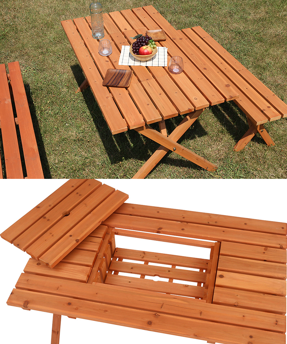 バーベキュー テーブル 120 ×72cm ベンチ セット 天然木 コンロ