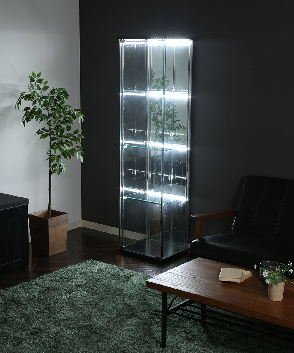 ガラスショーケース　LED付　背面鏡 ガラス コレクションケース 4段 背面ミラー LEDライト付 幅42.5cm 不二