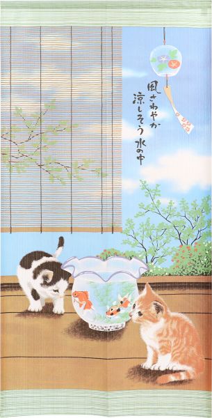 のれん 暖簾 ロング ネコ柄 約85×170cm 春ネコボーダー/夏ネコボーダー