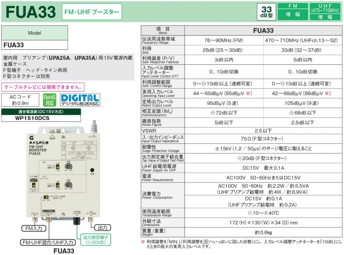 マスプロ 共同受信用 UHF・FMブースター FUA46S : fua46s : セイコーテクノ - 通販 - Yahoo!ショッピング