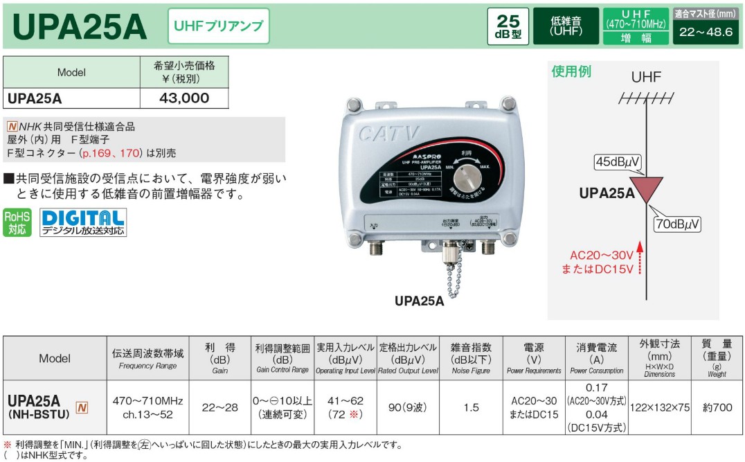 マスプロ UHFプリアンプ(前置増幅器) 25dB型 UPA25A :upa25a:セイコー