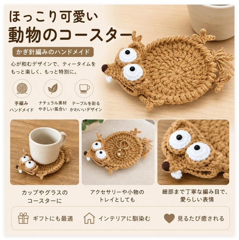 かぎ針編み コースター アニマルデザイン 手編み風 動物モチーフ
