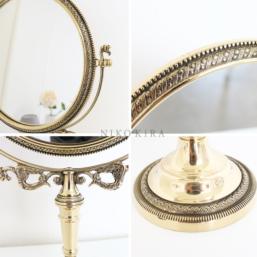 卓上ミラー おしゃれ リボン 円 丸 ミラー 真鍮 ゴールド 鏡 アンティーク イタリア 卓上鏡 卓上 お買い得 毛染め プリンセス かわいい 化粧鏡 軽量 姫 メイク