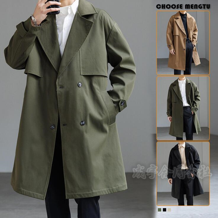 3色 メンズ トレンチコート ロングコート ダブルブレスト ジャケット