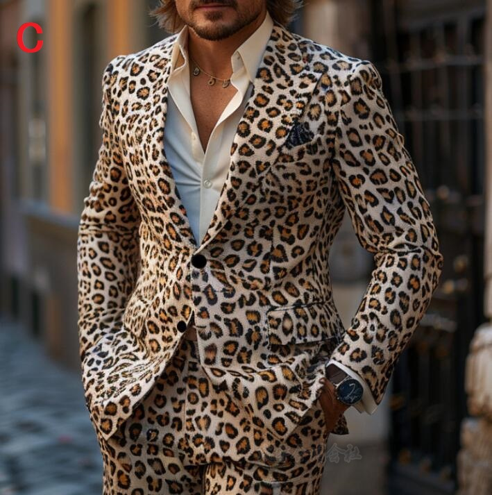 メンズスーツセット 豹柄 タキシードジャケットパンツ上下2点セット 3