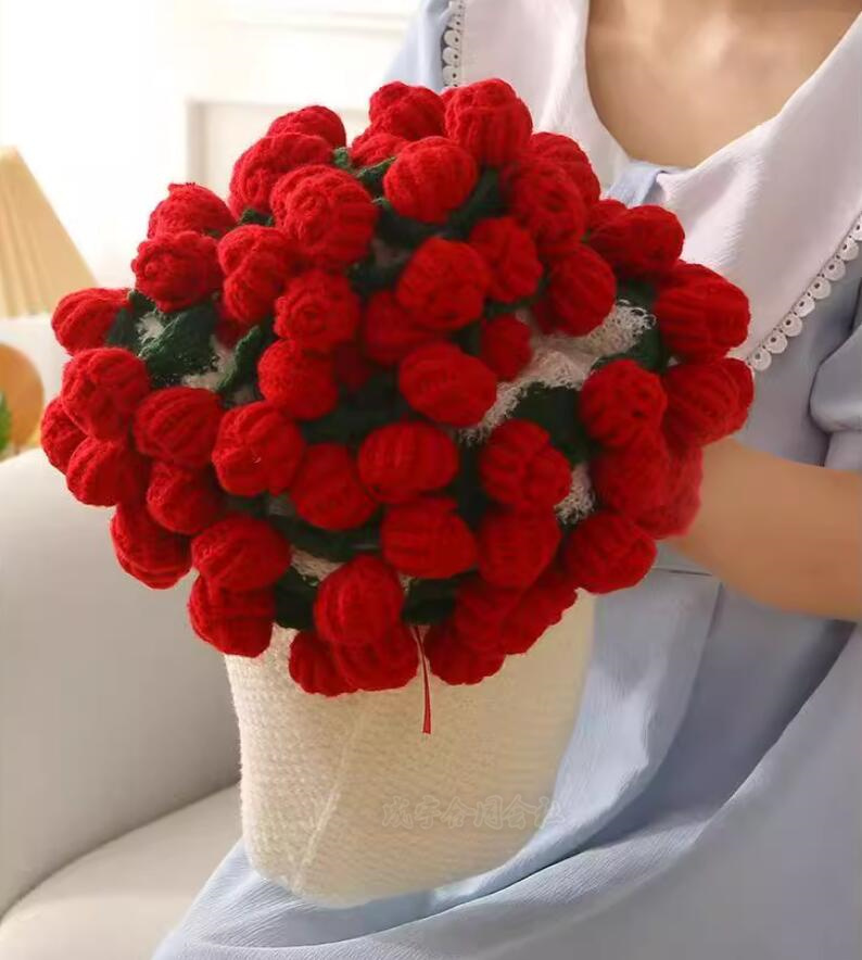 花束ブランケット 誕生日 母の日ギフト 可愛い 手編み薔薇 レッド バラ