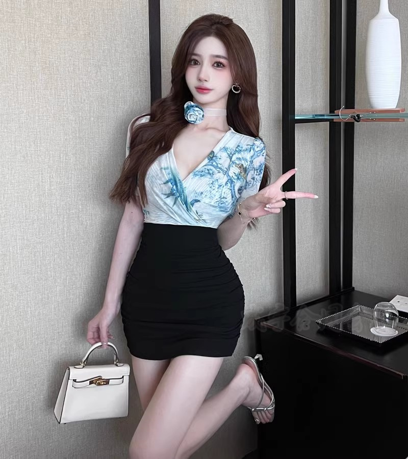ドッキング 花柄 タイトワンピース Vネック セクシー レディース 半袖