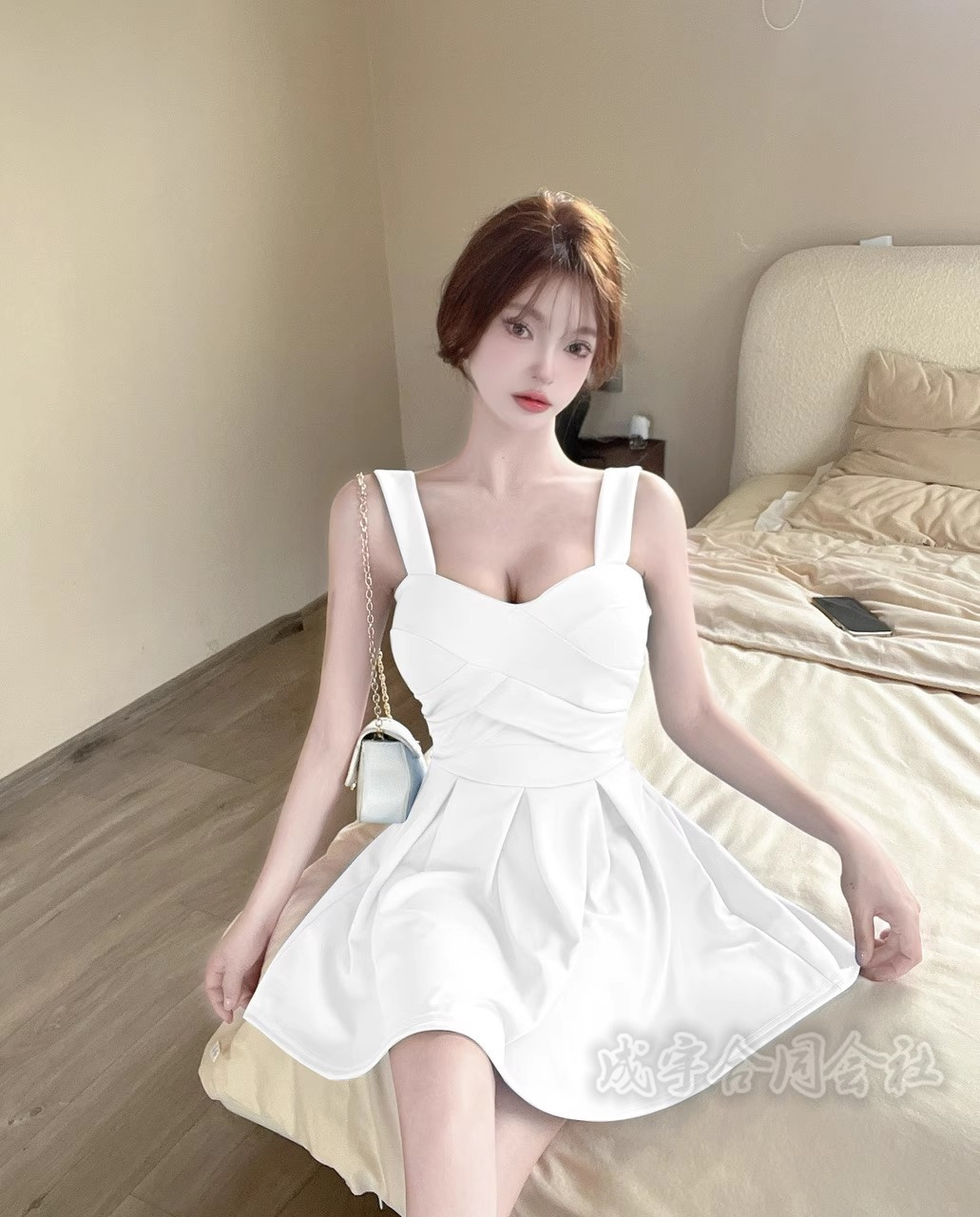 ミニワンピ/セットアップ/キャバドレス/ノースリーブ セットアップツイードミニドレス/フロントジップ/ノースリーブ/谷間