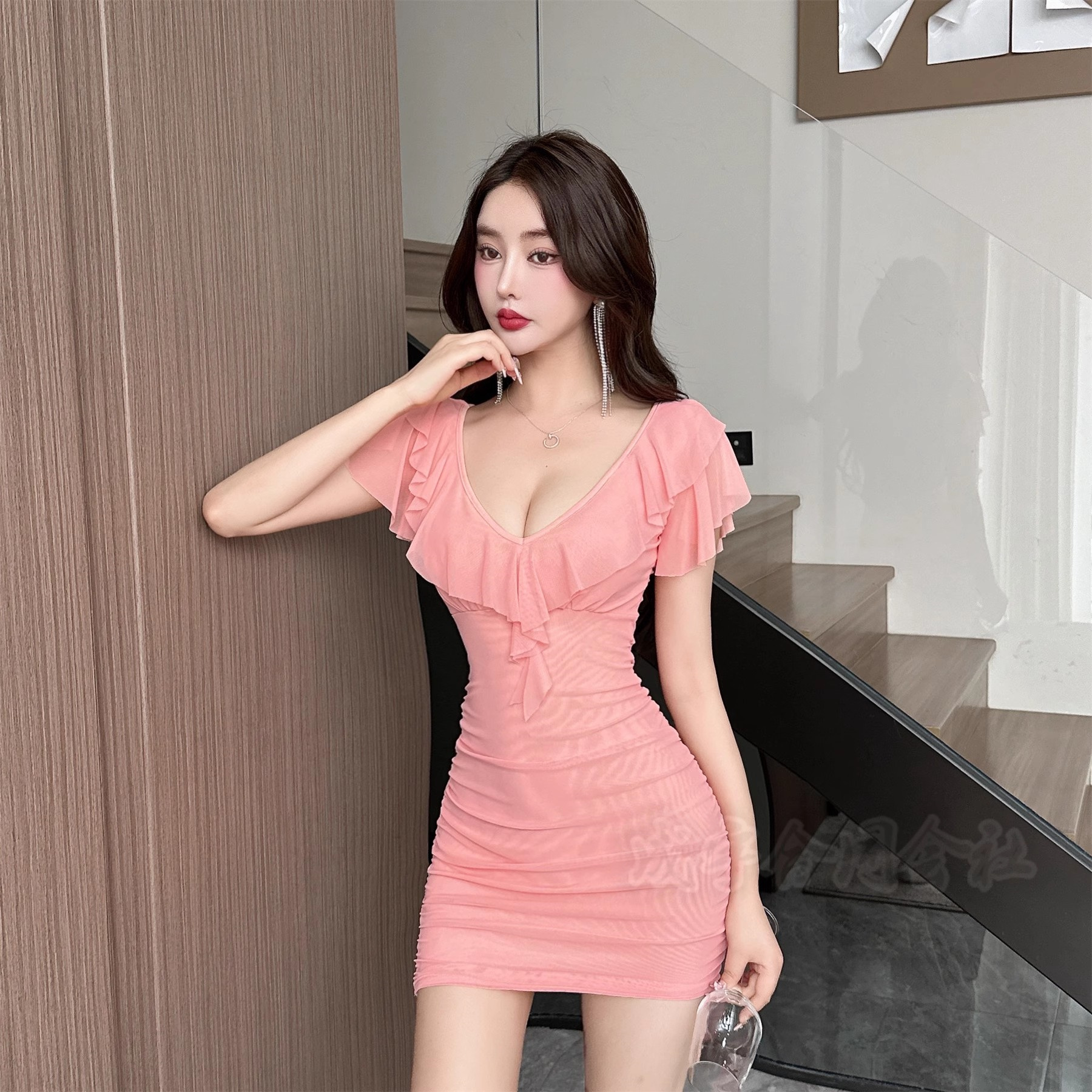 メッシュ切り替え ワンピース ボディコン タイトワンピース ミニ丈 V