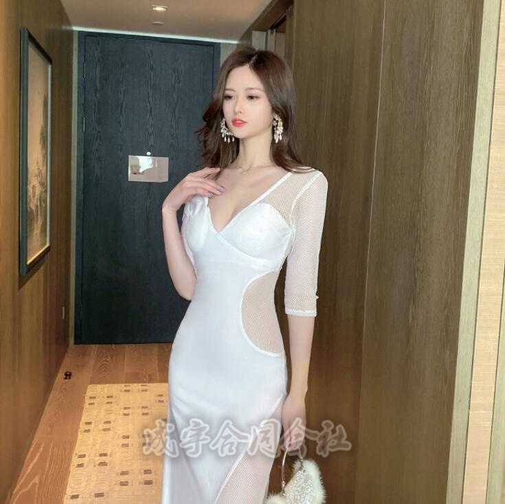パーティードレス ロング丈 無地 セクシー 結婚式 シースルー イブニングドレス シースルードレス レース切り替え タイト
