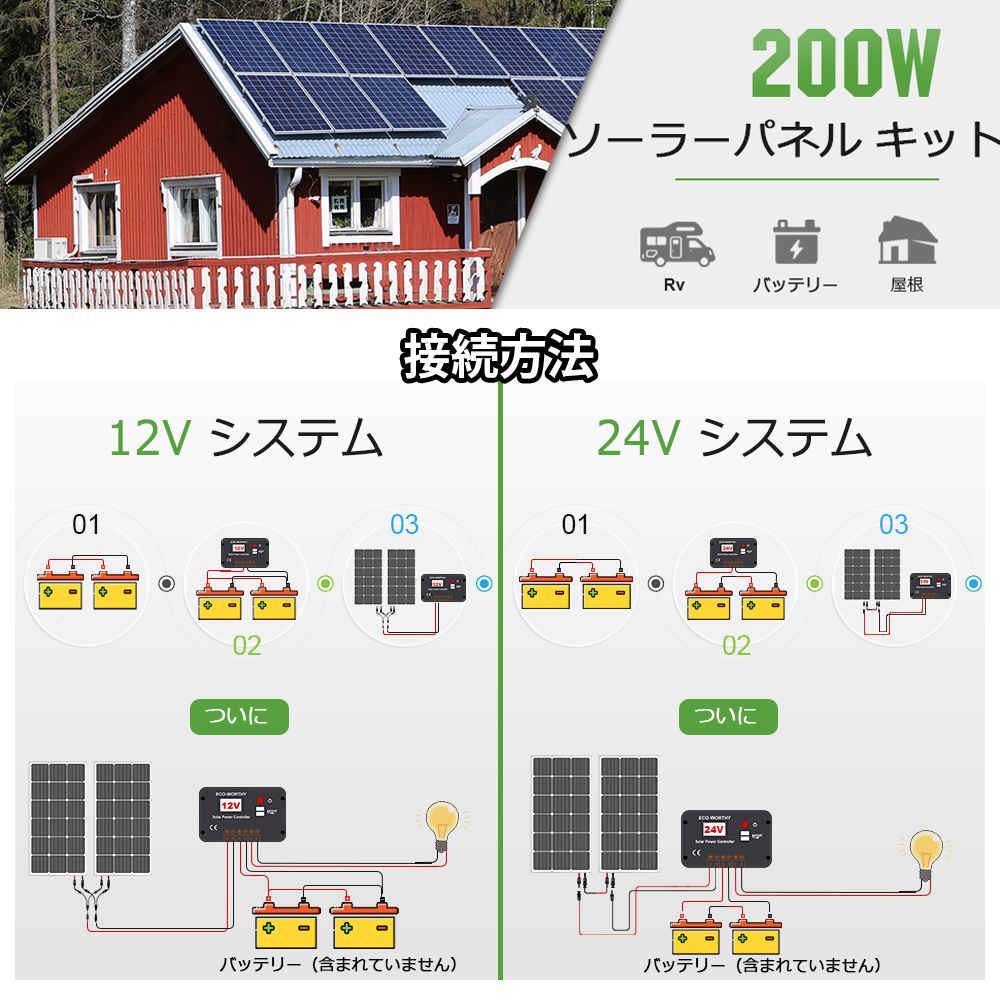 初心者向け ソーラーパネルキット 200W 単結晶 100w 12v キット 太陽光