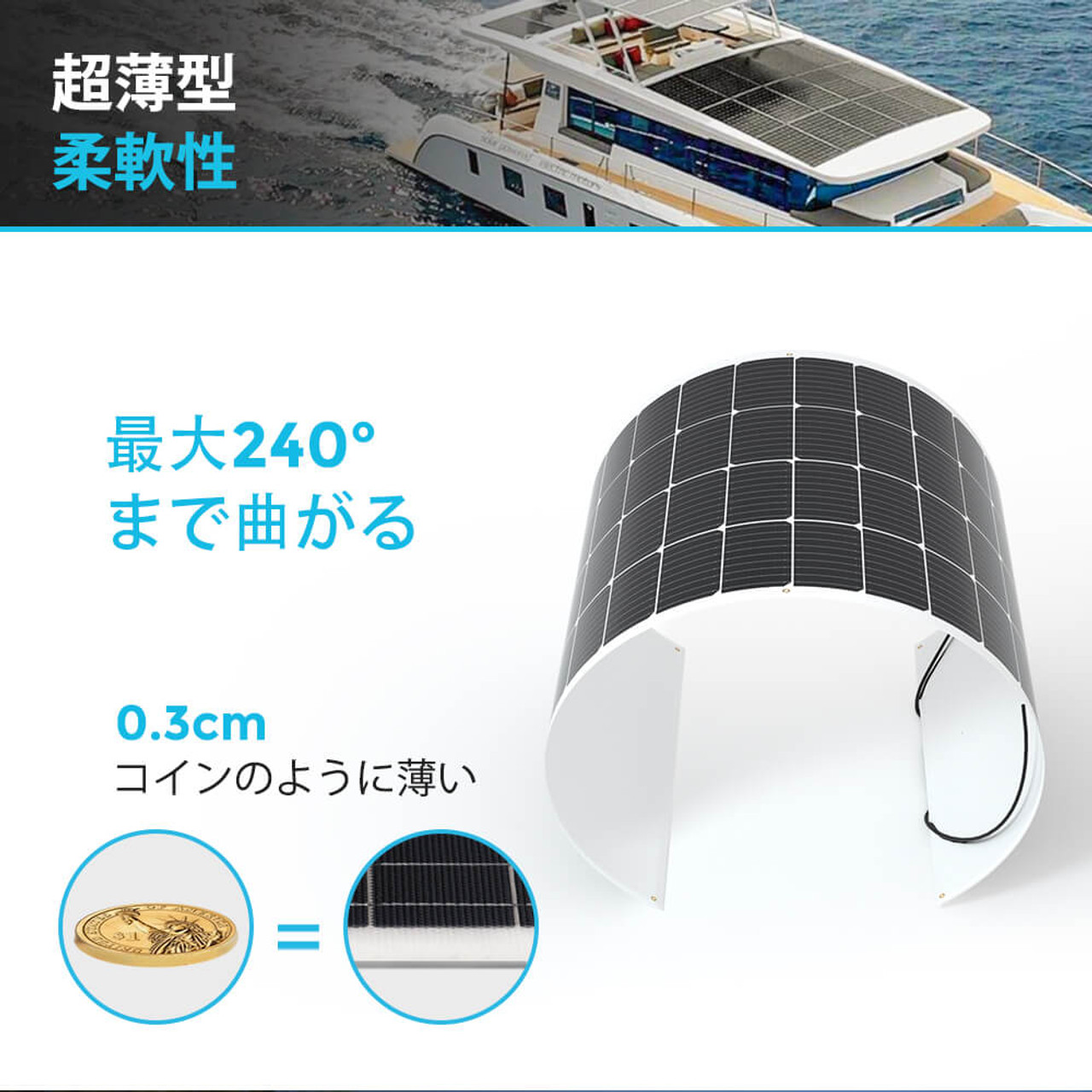 フレキシブル ソーラーパネル 単結晶 200W 12V 薄型3mm 240°曲がる 超軽量 4.9kg 25年寿命 最新技術 安全 高効率  サポート無料 SEKIYA