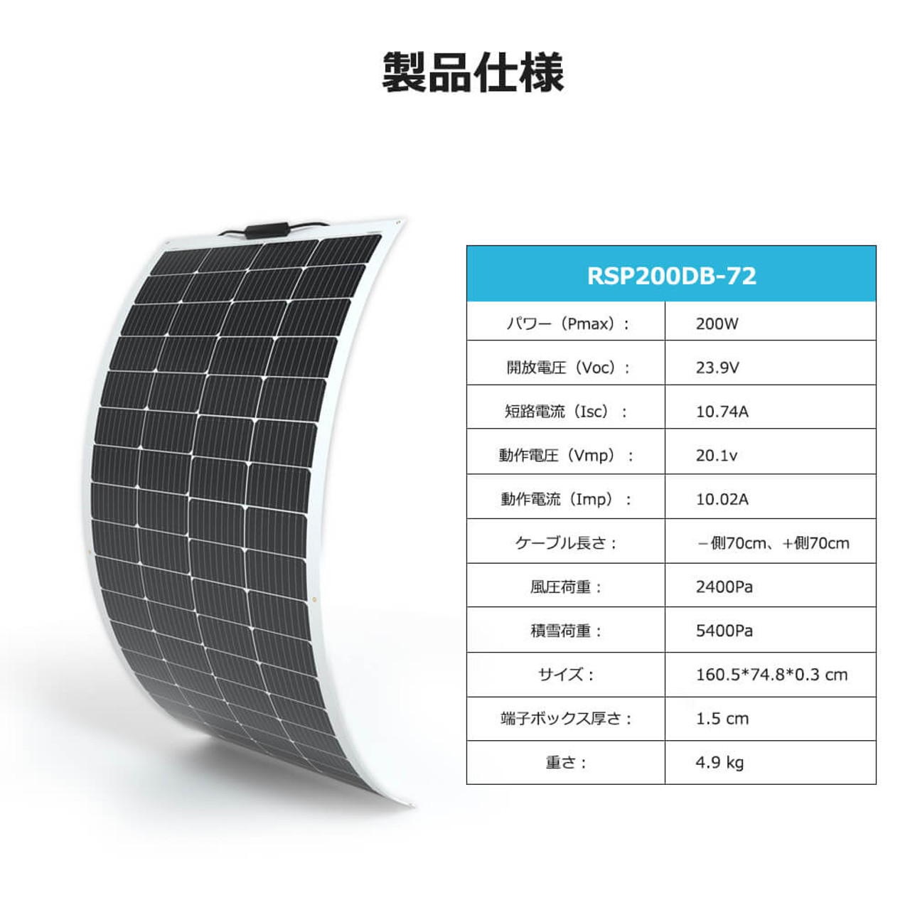 フレキシブル ソーラーパネル 単結晶 200W 12V 薄型3mm 240°曲がる 超軽量 4.9kg 25年寿命 最新技術 安全 高効率 サポート無料 SEKIYA｜sekiya2020｜08