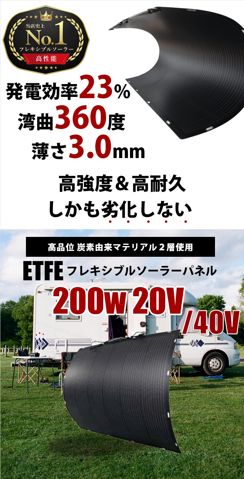 ランキング1位獲得】ETFE フレキシブル ソーラーパネル 200W 360度